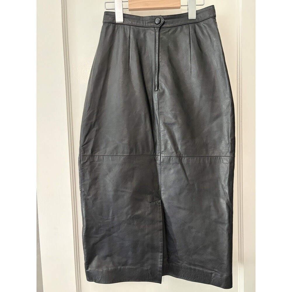 Vintage Black Nappa Leather Midi Skirt High Waist 90s Korea Minimalist 25
